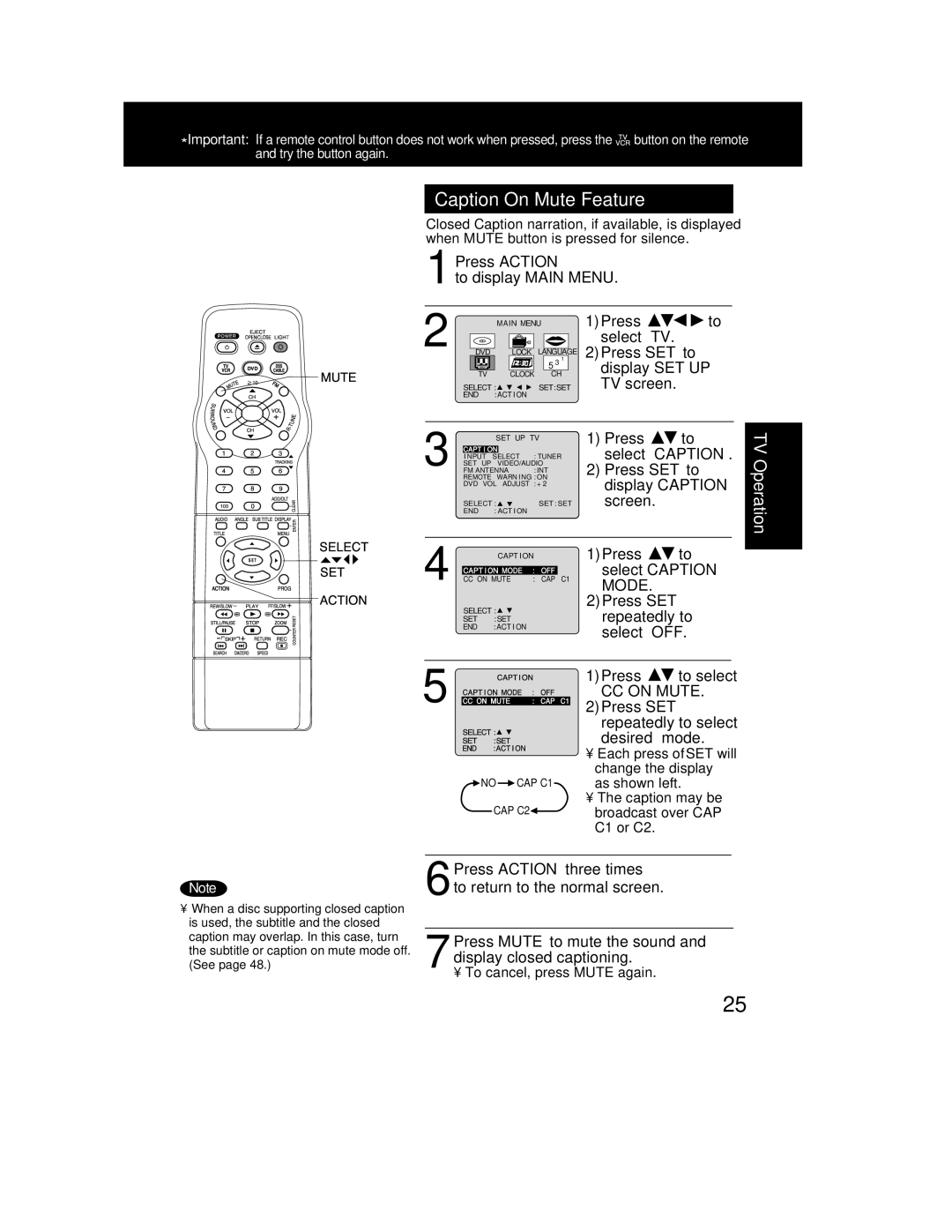 Panasonic PV-DF2002, PV DF2702 manual Caption On Mute Feature, 1Press, 2Press SET to, Press Action three times 