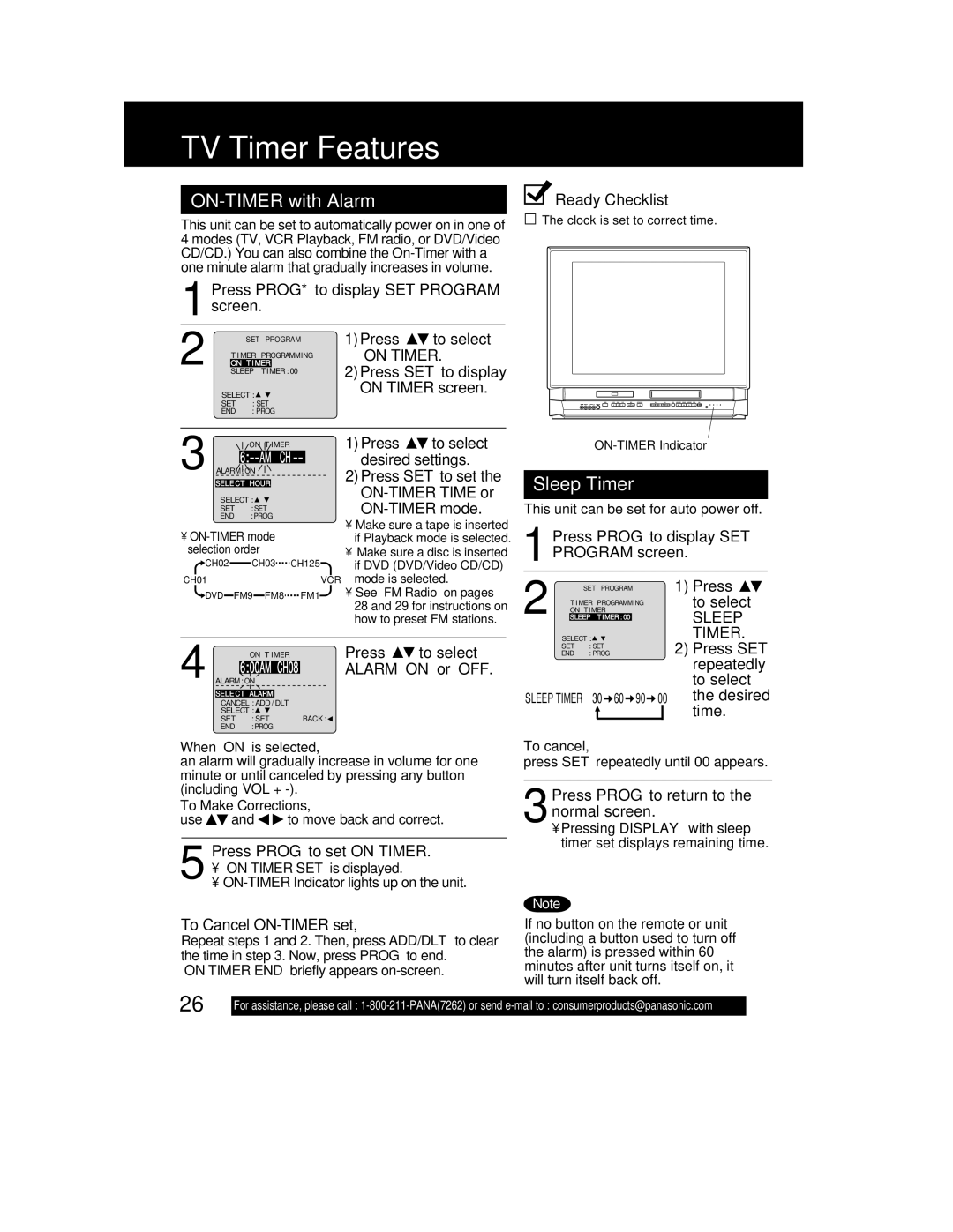 Panasonic PV DF2702 manual TV Timer Features, ON-TIMER with Alarm, Sleep Timer, Press Prog to display SET Program screen 