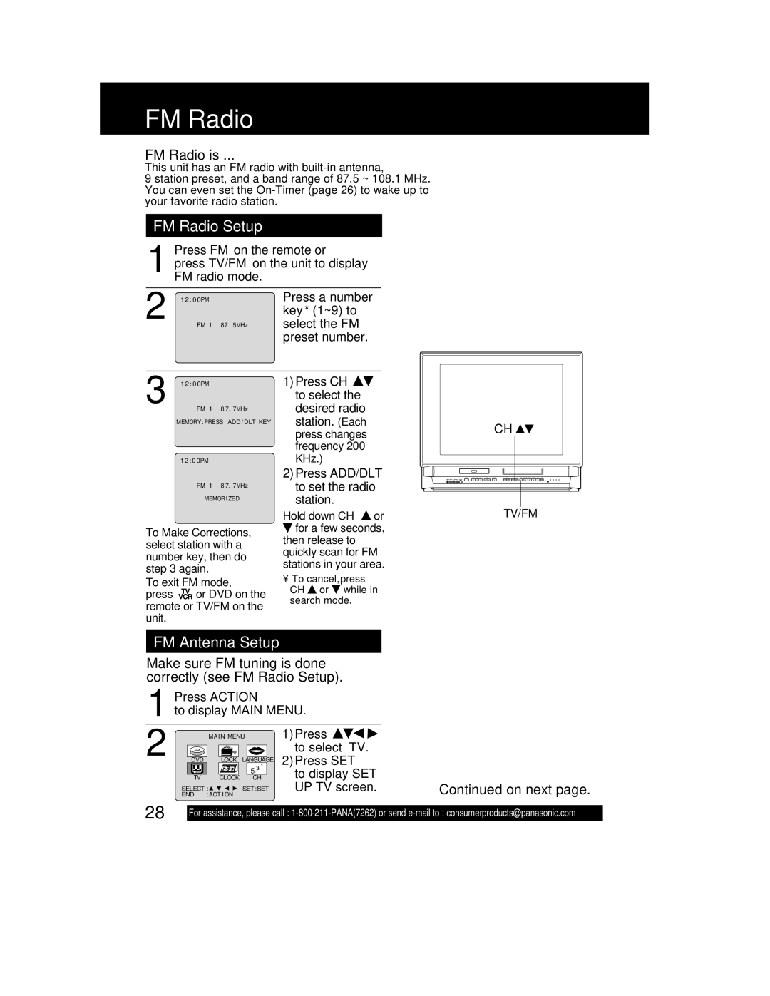 Panasonic PV DF2702, PV-DF2002 manual FM Radio Setup, FM Antenna Setup, FM Radio is 