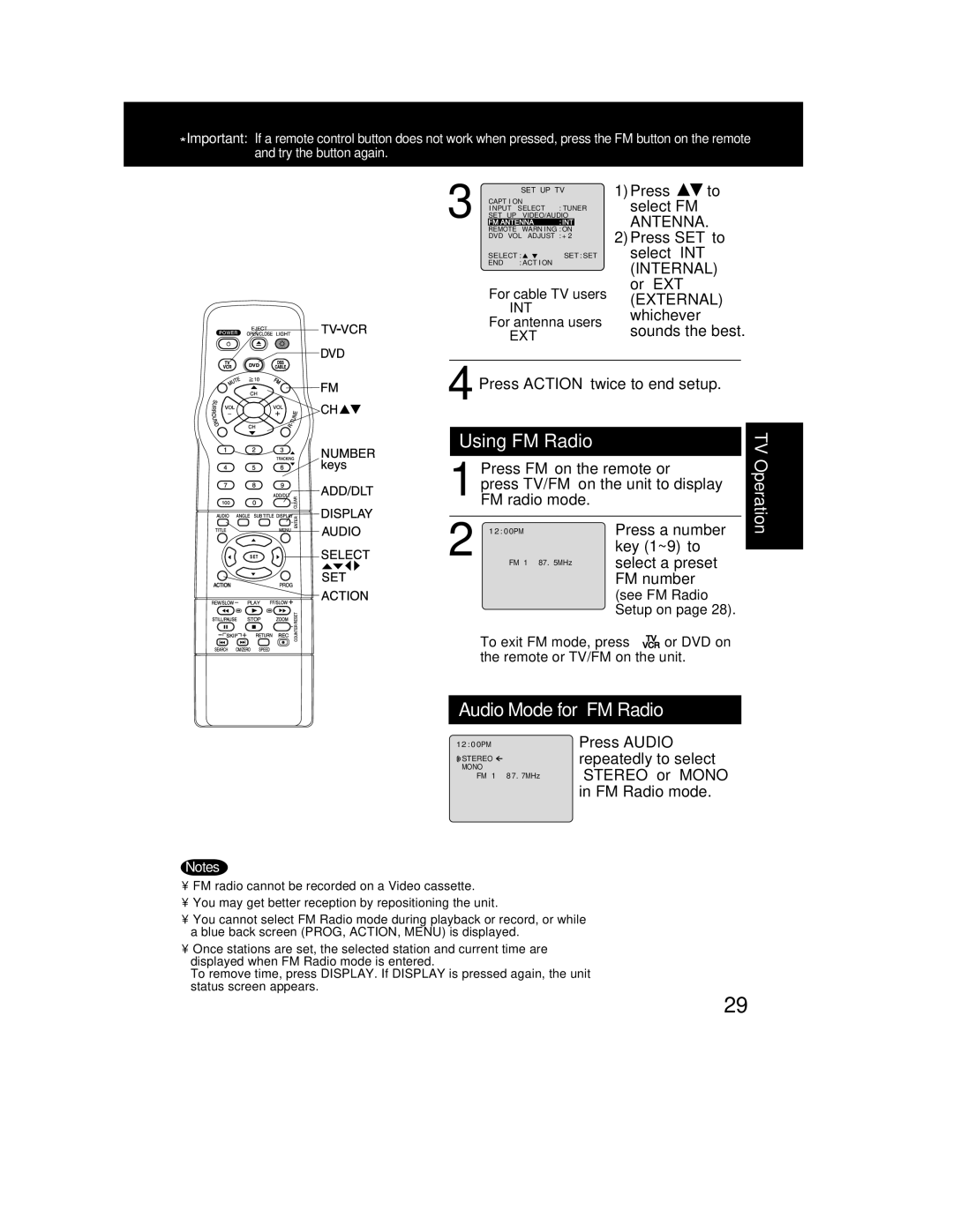 Panasonic PV-DF2002, PV DF2702 manual Using FM Radio, Audio Mode for FM Radio, Key 1~9 to 