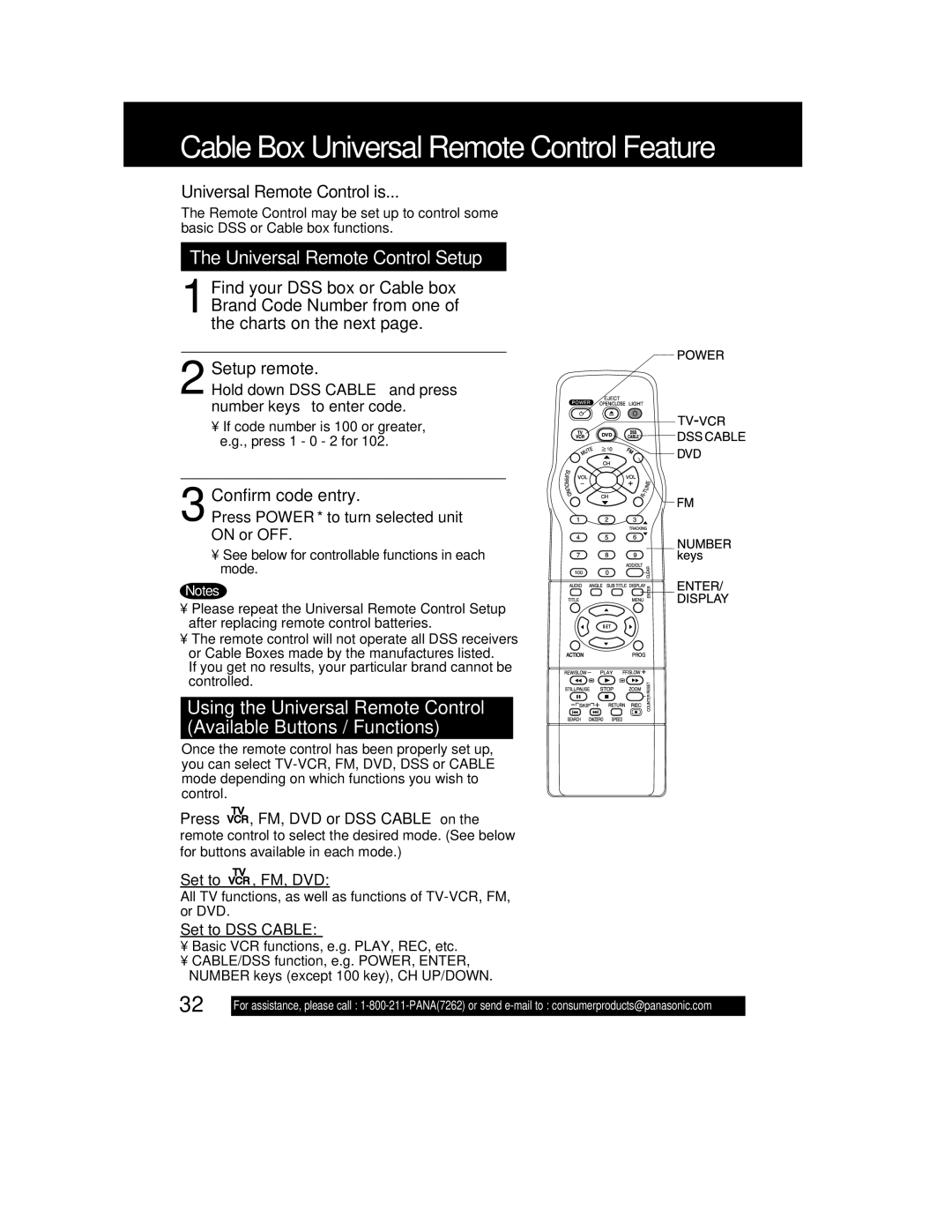 Panasonic PV DF2702, PV-DF2002 manual Cable Box Universal Remote Control Feature 