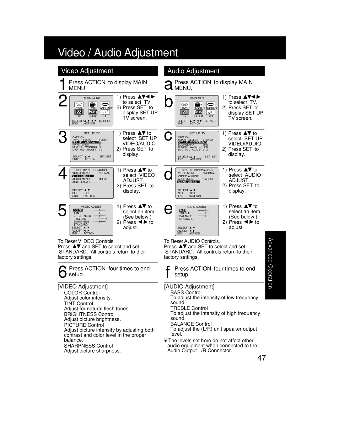 Panasonic PV-DF2002, PV DF2702 manual Video / Audio Adjustment, Video Adjustment 