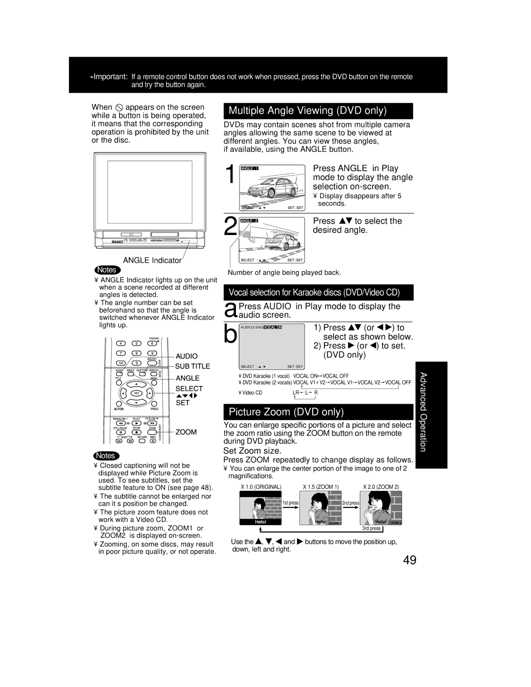 Panasonic PV-DF2002 Multiple Angle Viewing DVD only, Picture Zoom DVD only, Press Angle in Play, Press Audio audio screen 