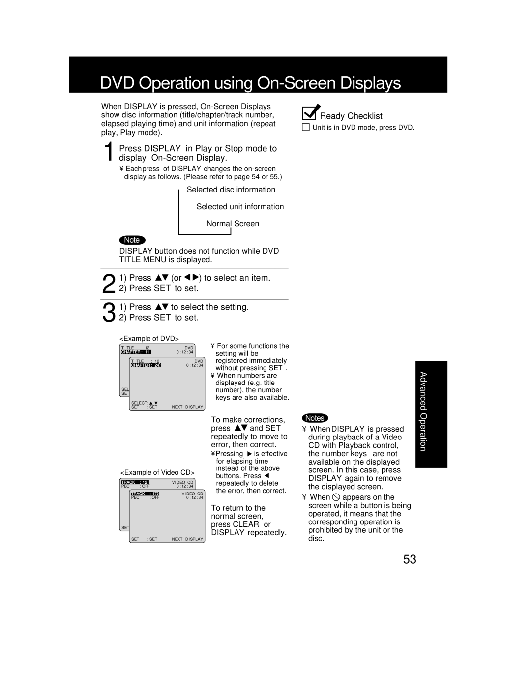 Panasonic PV-DF2002, PV DF2702 manual Press or to select an item, Press SET to set, Press to select the setting 