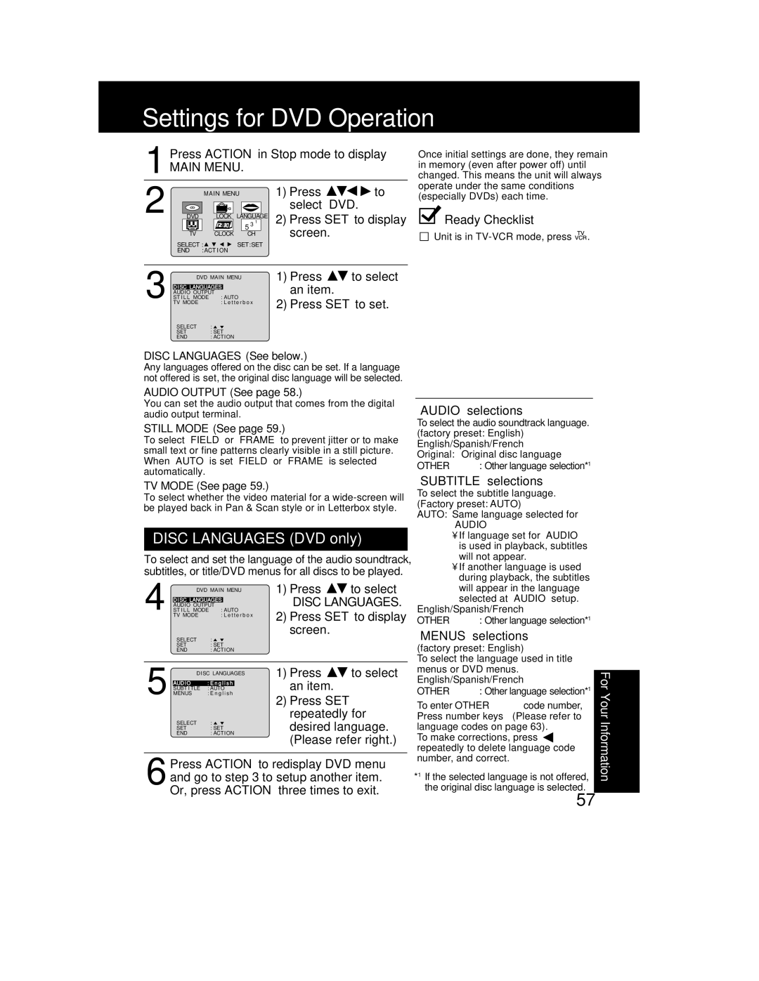 Panasonic PV-DF2002, PV DF2702 manual Settings for DVD Operation, Disc Languages DVD only, For Your Information 