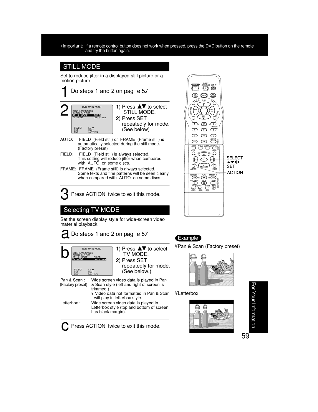 Panasonic PV-DF2002, PV DF2702 manual Selecting TV Mode, Example, For 