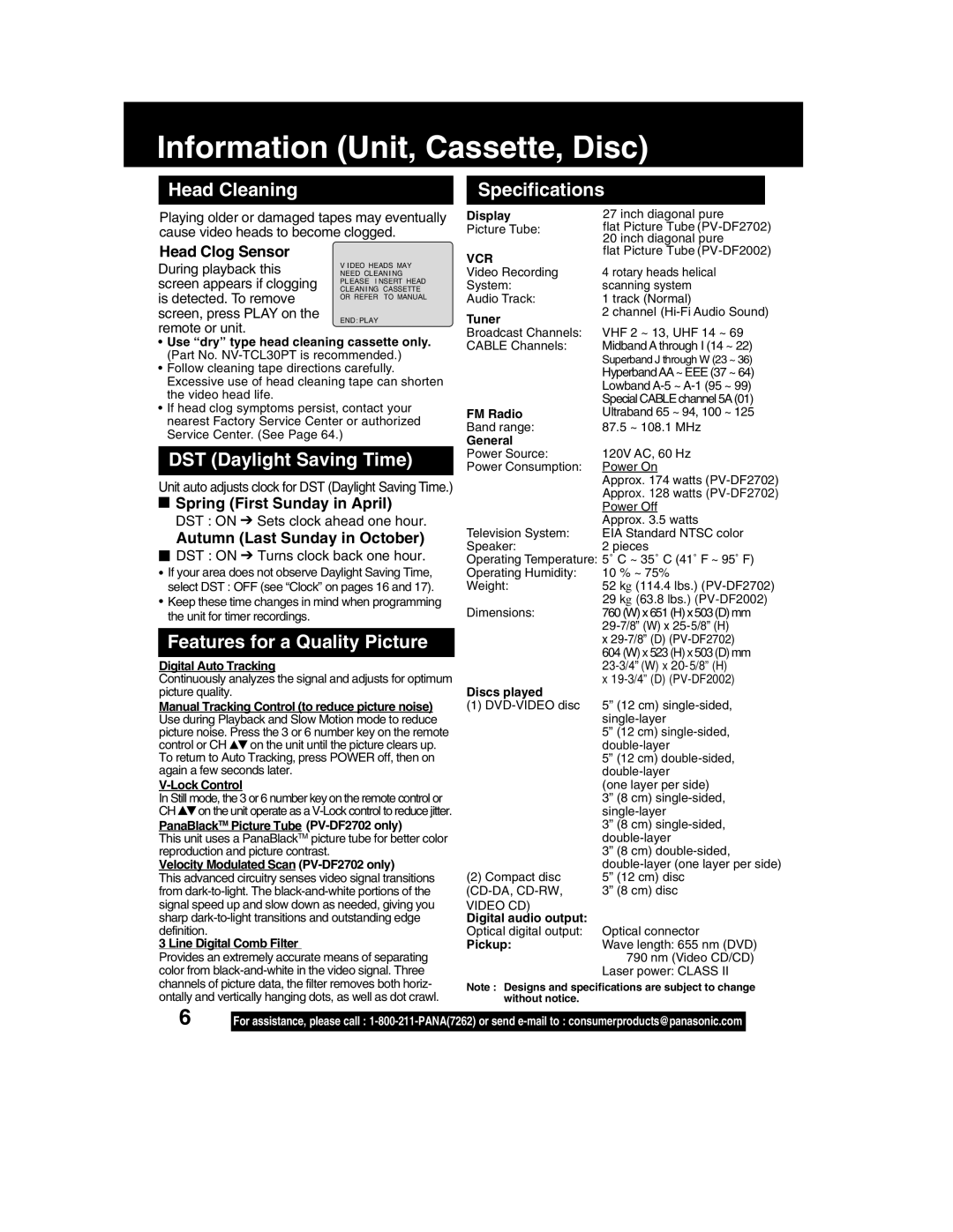 Panasonic PV DF2702, PV-DF2002 Information Unit, Cassette, Disc, Head Cleaning Specifications, DST Daylight Saving Time 