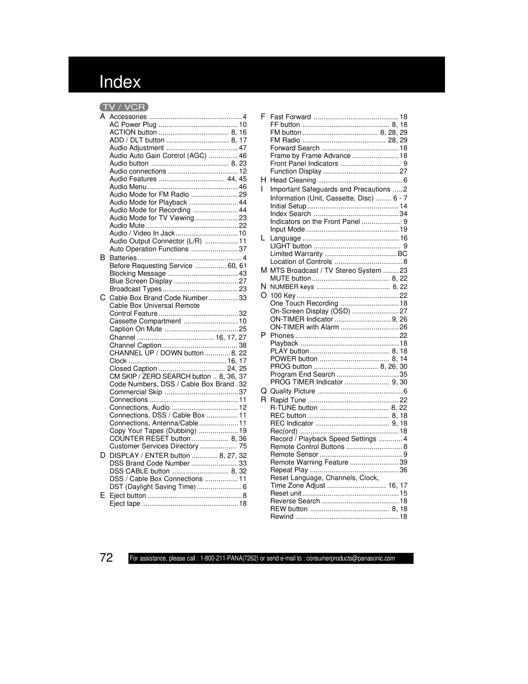 Panasonic PV-DF2002, PV DF2702 manual Index, Tv / Vcr 