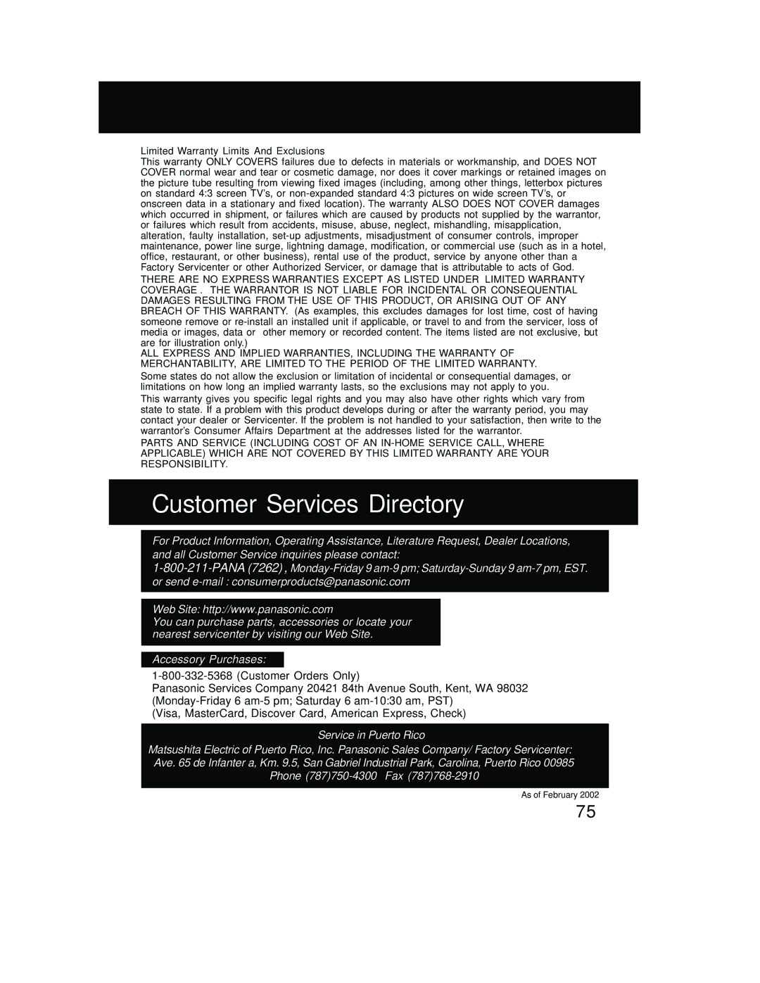 Panasonic PV DF2702, PV-DF2002 manual Customer Services Directory 