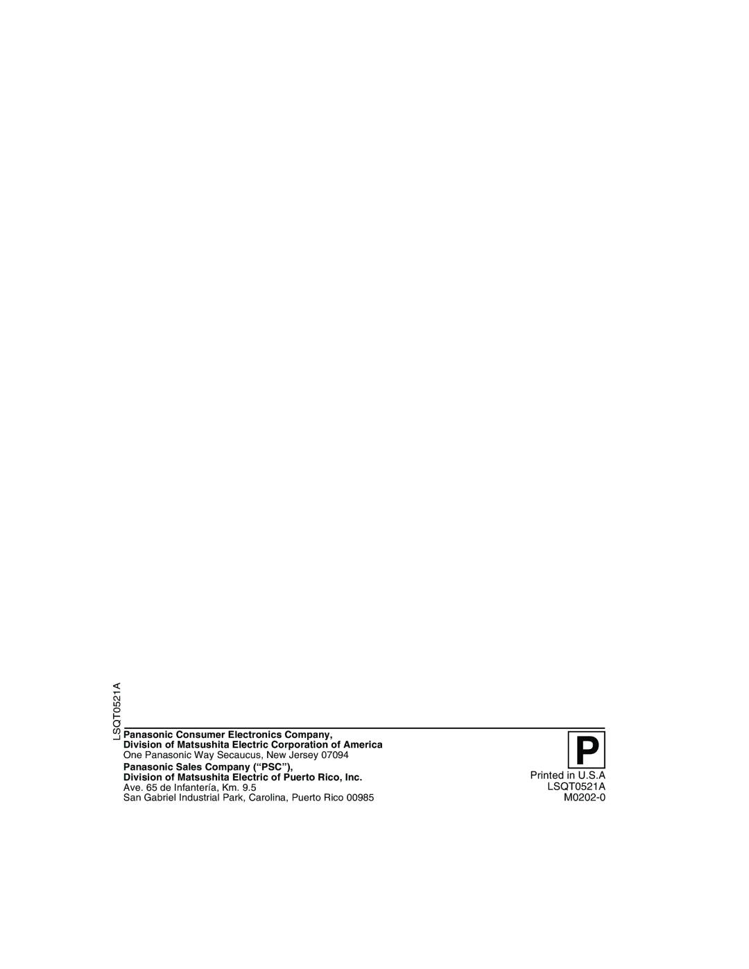 Panasonic PV-DF2002, PV DF2702 manual Panasonic Consumer Electronics Company 