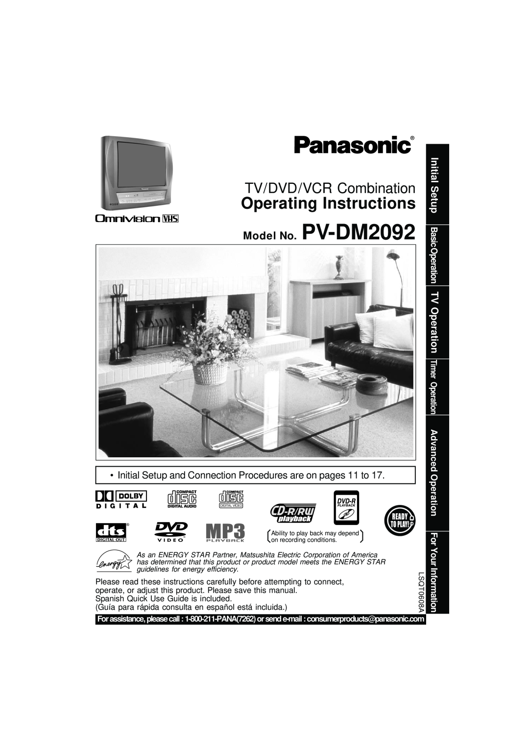 Panasonic PV DM2092 manual TV/DVD/VCR Combination, Model No. PV-DM2092, Advanced Operation, For Your Information 