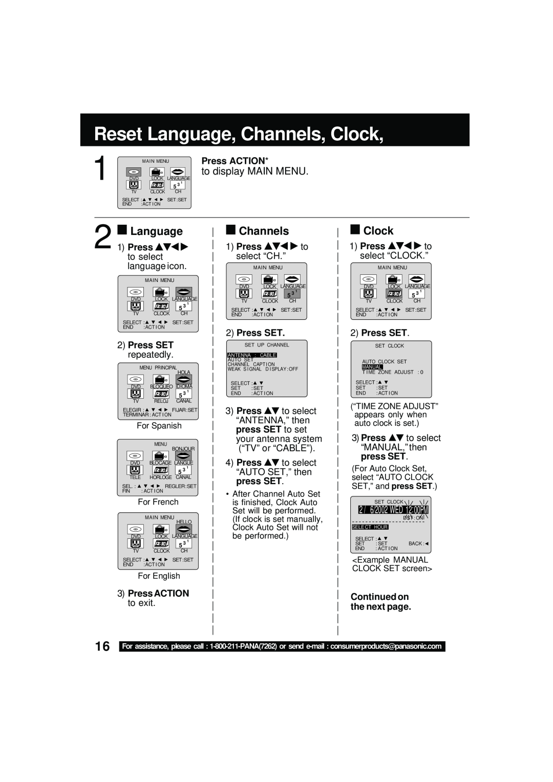 Panasonic PV DM2092 Reset Language, Channels, Clock, 2 1PressLanguage, to display MAIN MENU, Press ACTION, Press SET, 5 3 