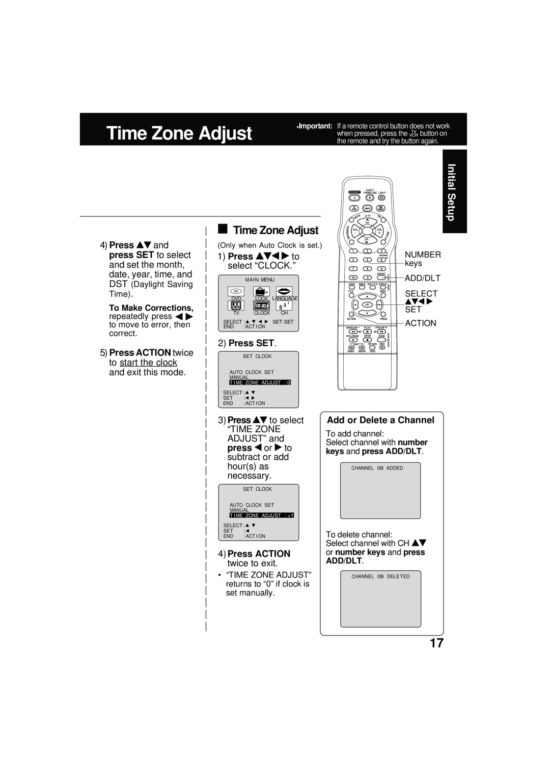 Panasonic PV DM2092 Time Zone Adjust, Press ACTION twice to start the clock and exit this mode, select “CLOCK.”, press or 