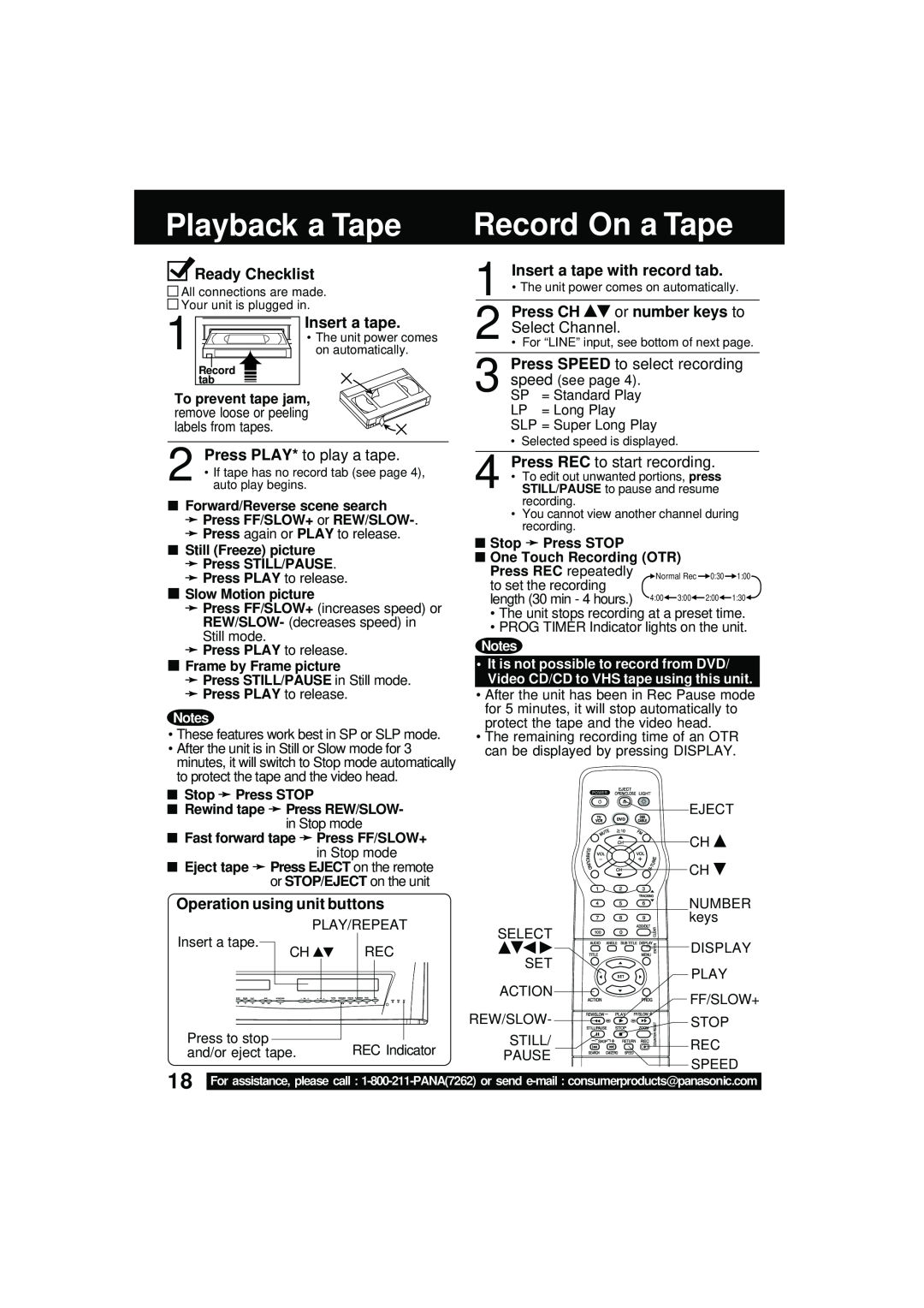 Panasonic PV DM2092 3 SP, Playback a Tape, Record On a Tape, Ready Checklist, Insert a tape, Press PLAY* to play a tape 