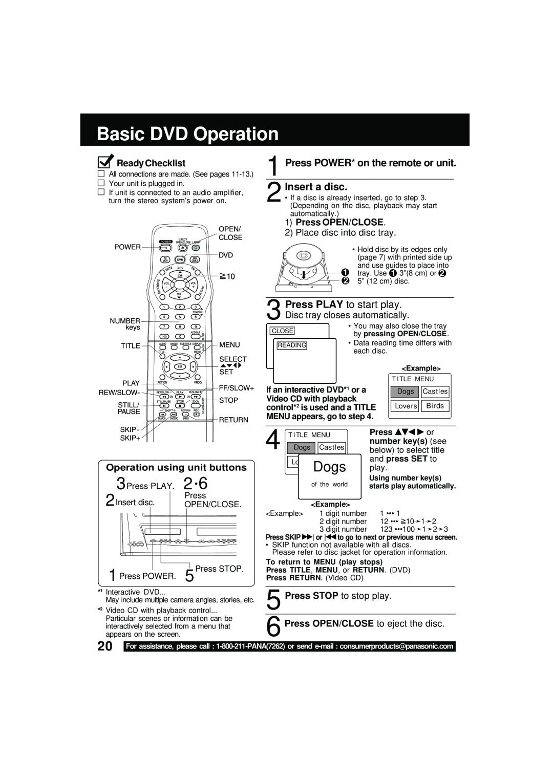 Panasonic PV DM2092 Basic DVD Operation, Press POWER* on the remote or unit Insert a disc, Press OPEN/CLOSE, Dogs, Example 