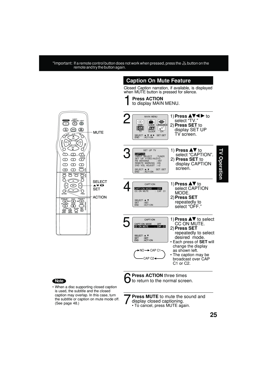 Panasonic PV DM2092 manual Caption On Mute Feature, Press SET to, Press ACTION three times, TV Operation 