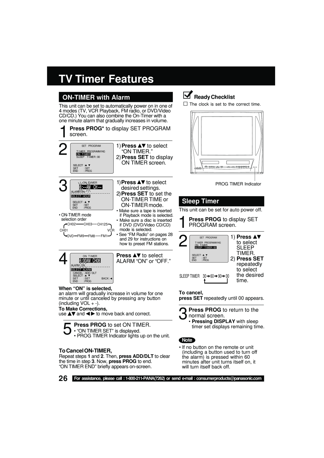 Panasonic PV DM2092 manual TV Timer Features, ON-TIMER with Alarm, Sleep Timer, 1Press, To Cancel ON-TIMER, Ready Checklist 