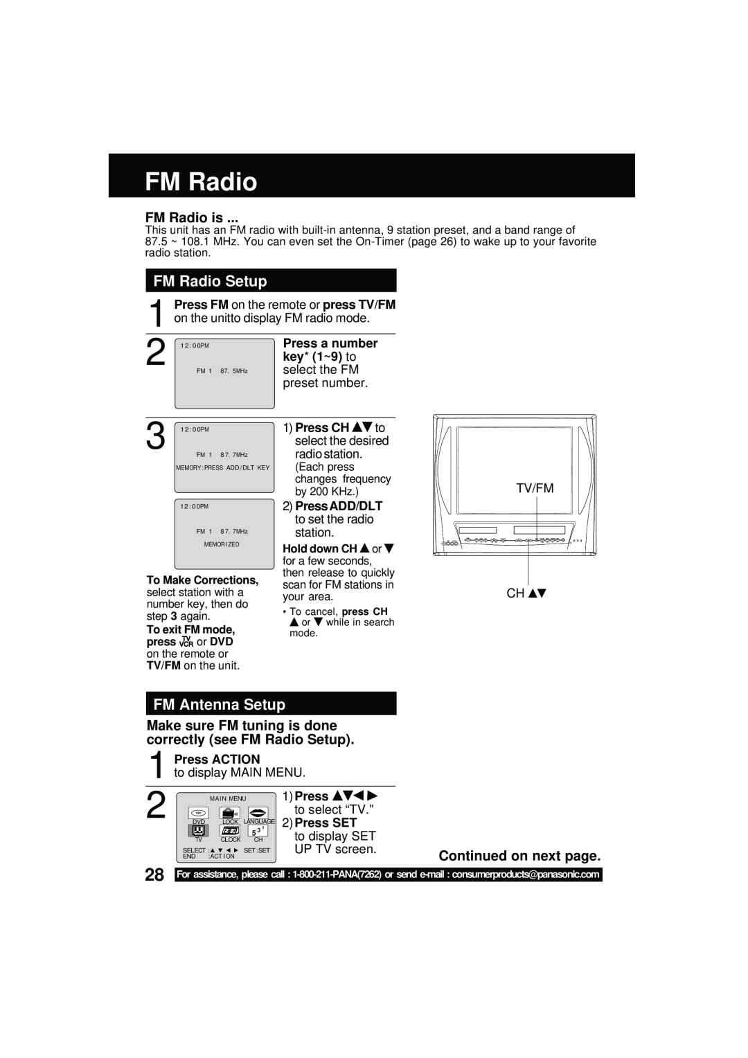 Panasonic PV DM2092 FM Radio Setup, FM Antenna Setup, FM Radio is, on the unitto display FM radio mode, Press a number 