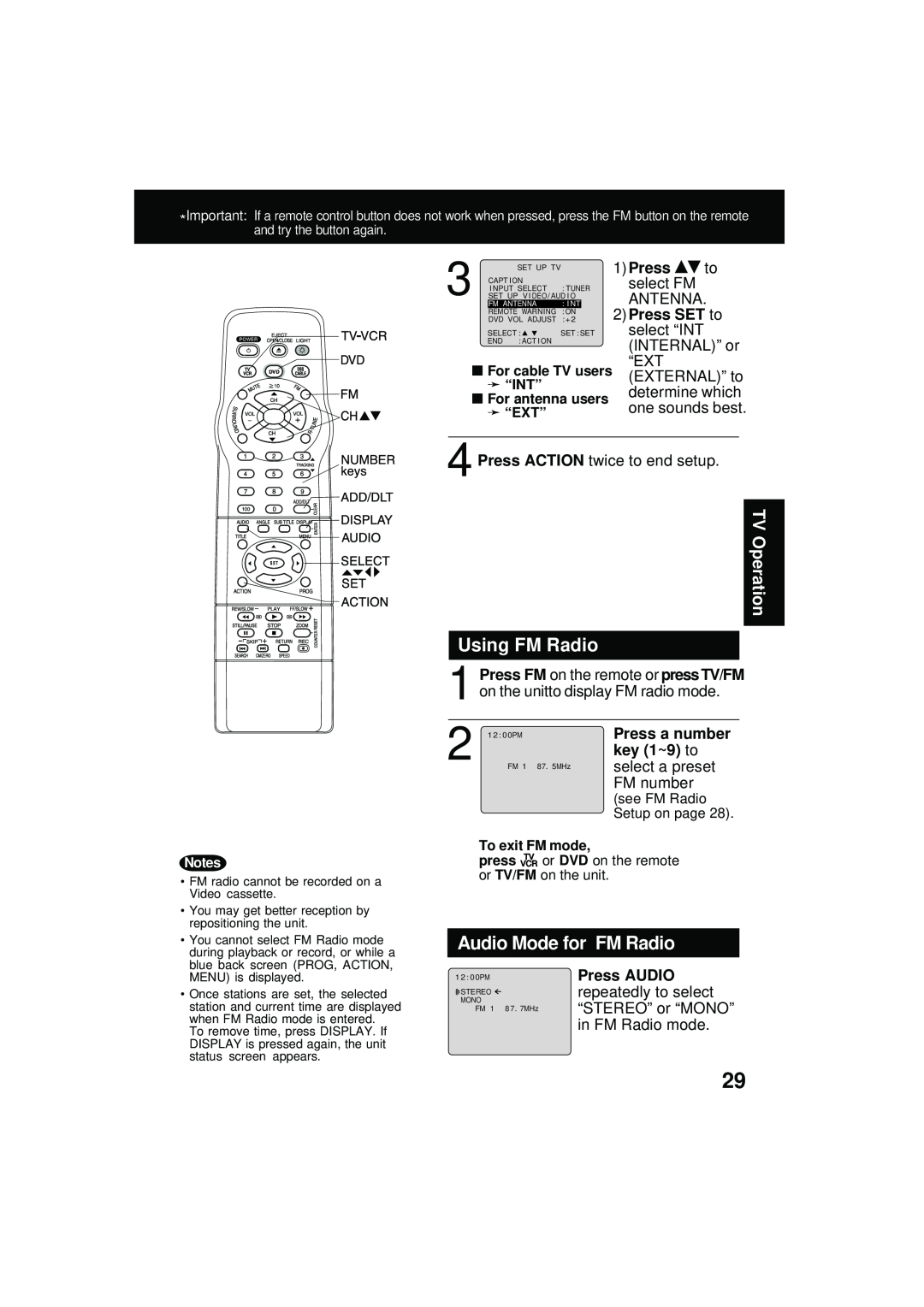 Panasonic PV DM2092 manual Using FM Radio, Audio Mode for FM Radio, key 1~9 to, Press AUDIO, TV Operation, Press SET to 