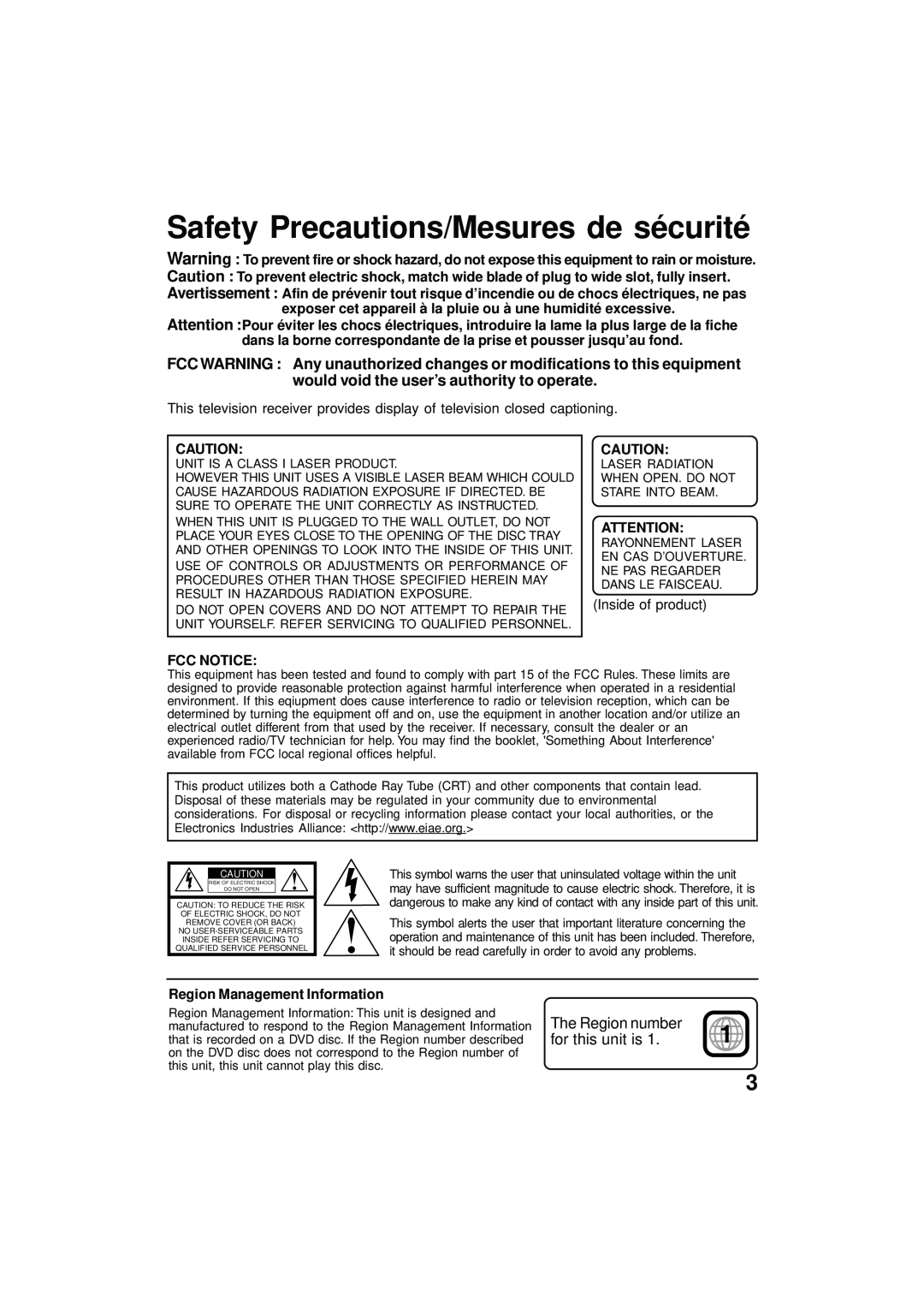 Panasonic PV DM2092 manual Safety Precautions/Mesures de sécurité, The Region number, for this unit is, Fcc Notice 