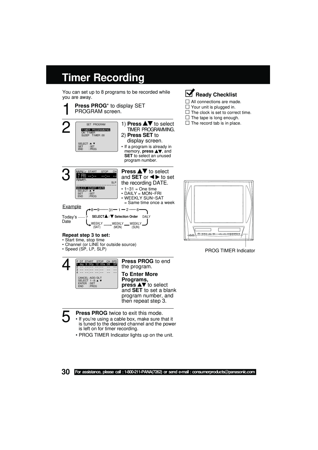 Panasonic PV DM2092 Timer Recording, Press PROG* to display SET PROGRAM screen, Press to select, and SET or, to set, 7 FRI 