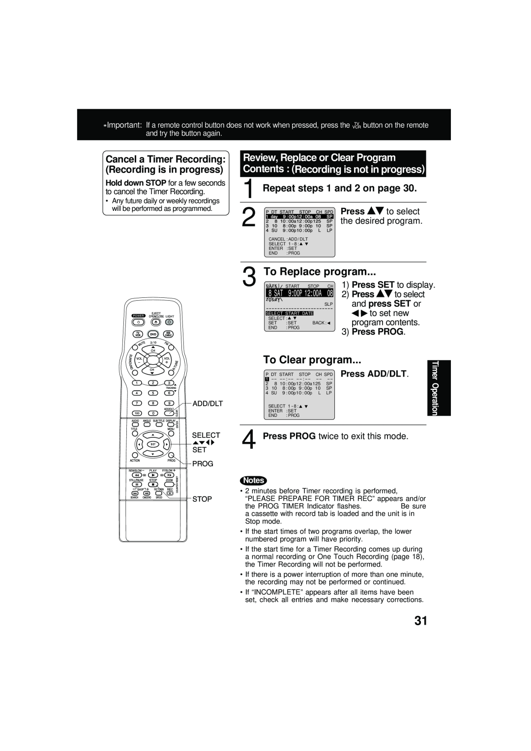 Panasonic PV DM2092 manual To Replace program, To Clear program, Repeat steps 1 and 2 on page, the desired program, Press 
