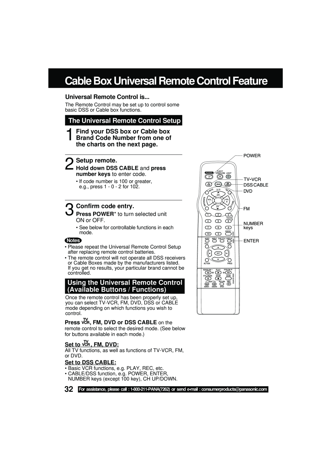 Panasonic PV DM2092 The Universal Remote Control Setup, Using the Universal Remote Control Available Buttons / Functions 