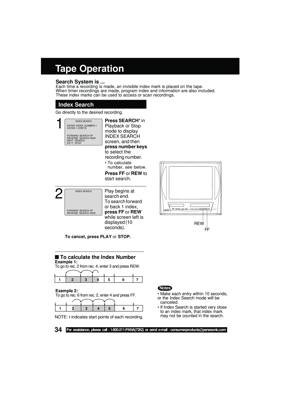 Panasonic PV DM2092 Tape Operation, Index Search, Search System is, To calculate the Index Number, Press FF or REW to 
