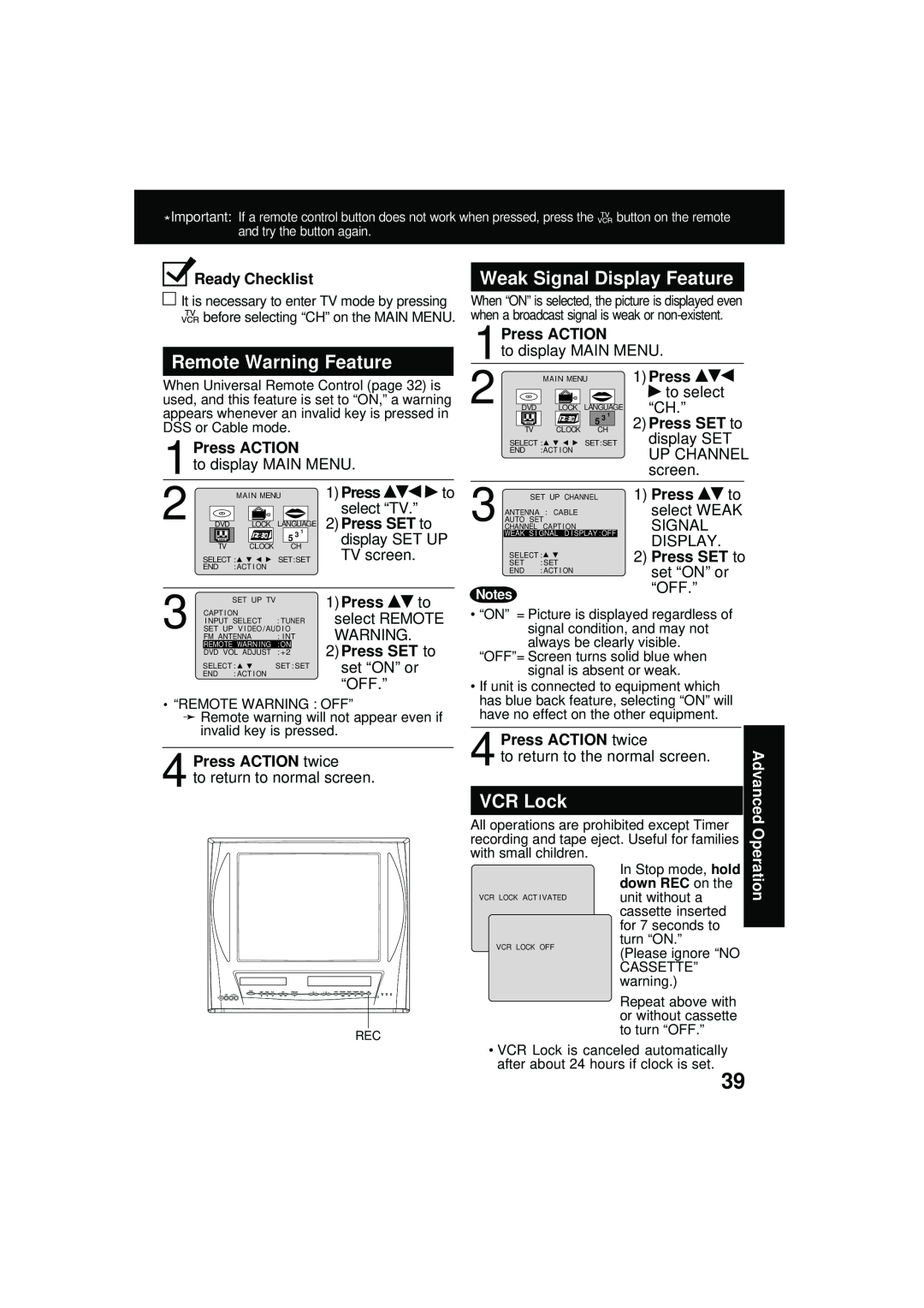 Panasonic PV DM2092 manual Remote Warning Feature, Weak Signal Display Feature, VCR Lock, 1Press ACTION, Press ACTION twice 