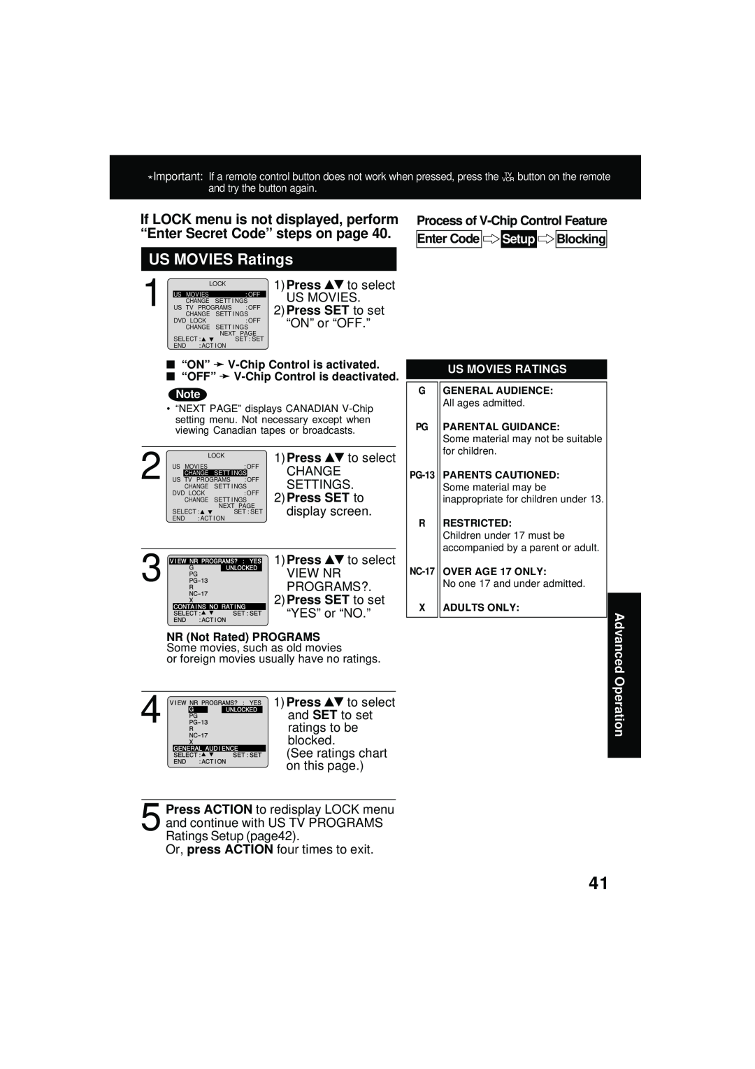 Panasonic PV DM2092 manual US MOVIES Ratings, Press SET to set, Advanced, Operation 