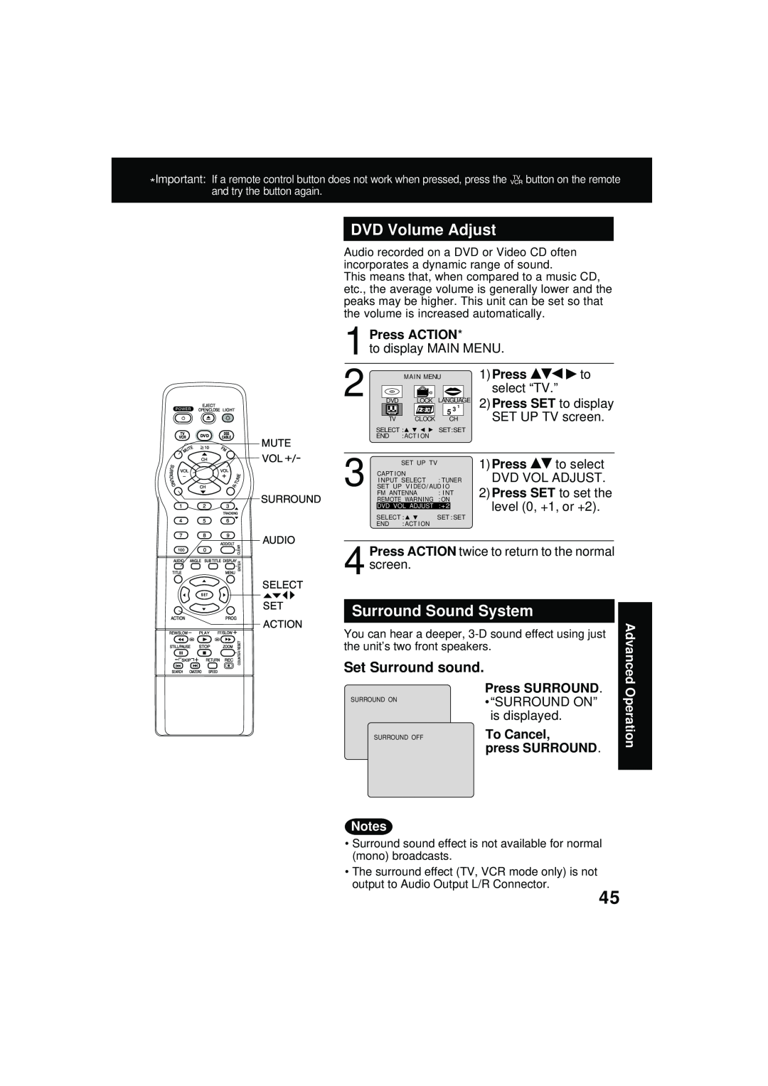 Panasonic PV DM2092 manual DVD Volume Adjust, Surround Sound System, Set Surround sound, Press ACTION, Operation 