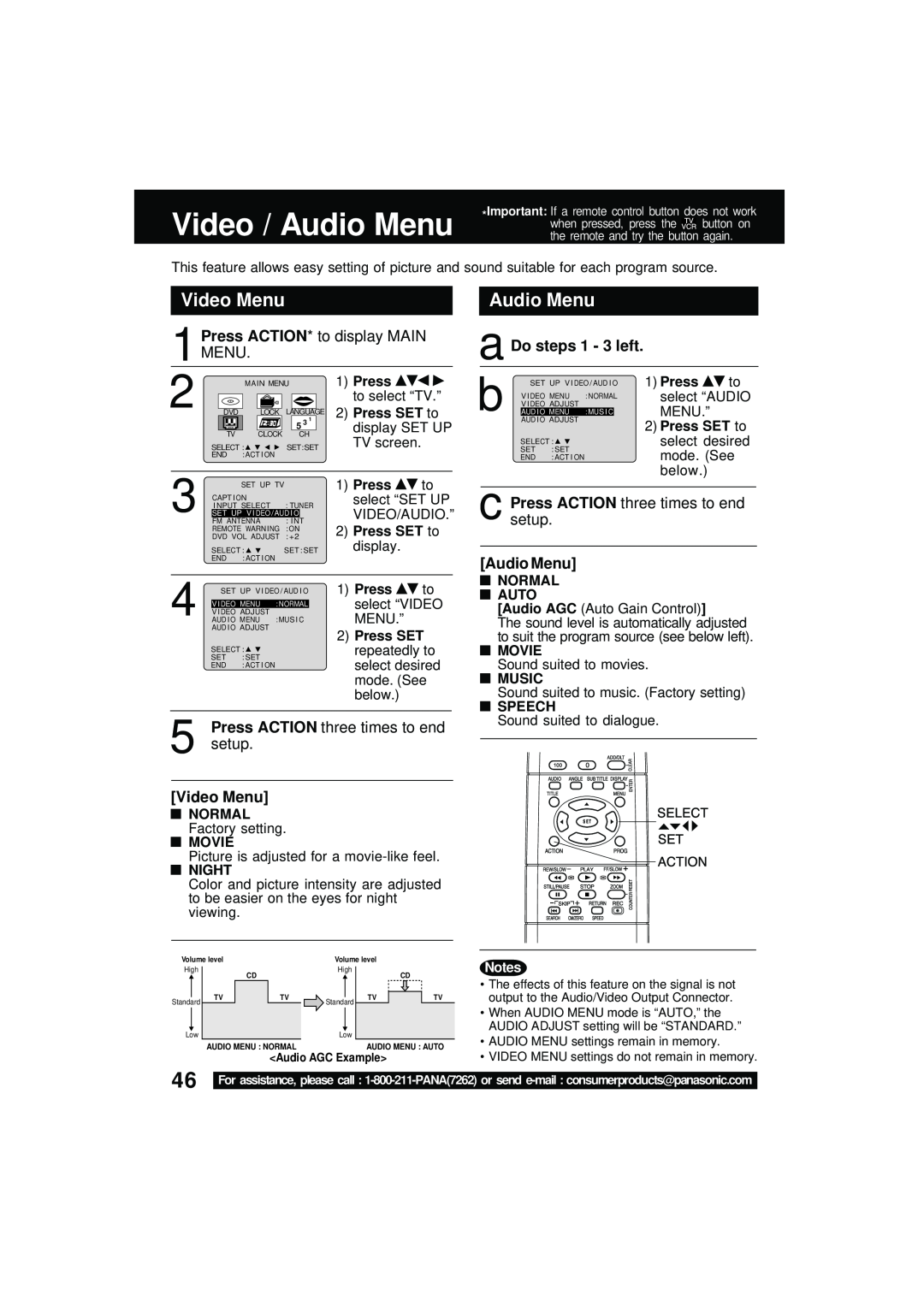 Panasonic PV DM2092 Video Menu, Audio Menu, Press ACTION* to display MAIN, a Do steps 1 - 3 left, Press SET to, Night 
