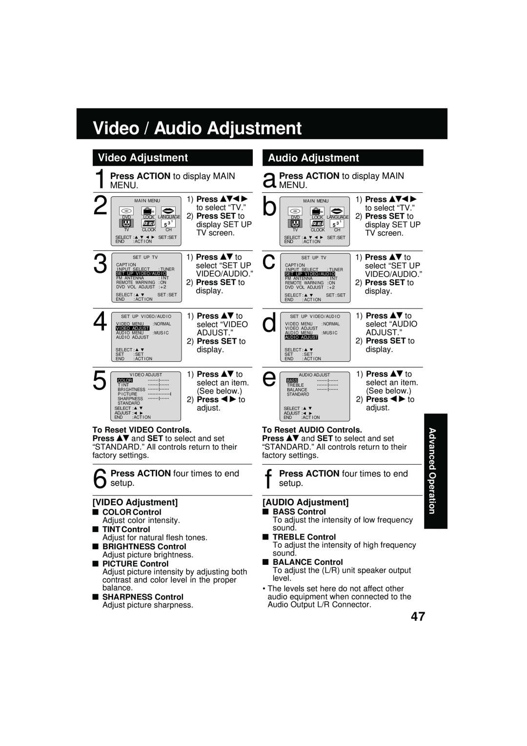 Panasonic PV DM2092 Video / Audio Adjustment, Video Adjustment, Press ACTION to display MAIN, 1MENU, VIDEO Adjustment 