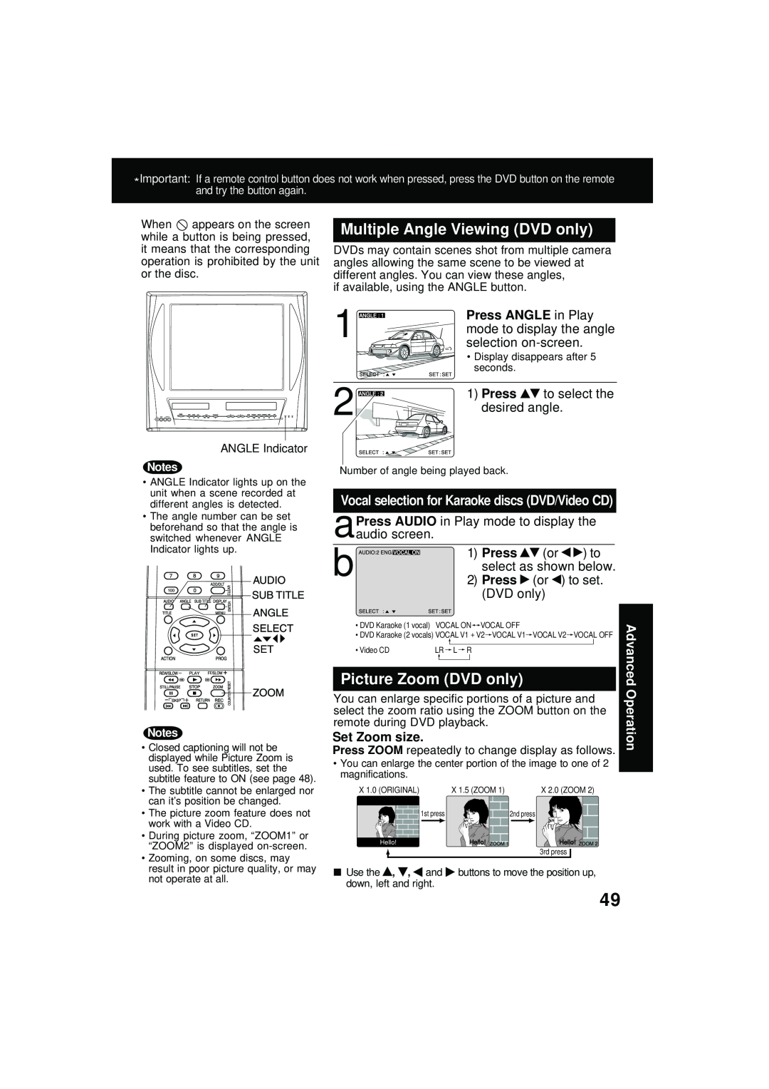 Panasonic PV DM2092 manual Multiple Angle Viewing DVD only, Picture Zoom DVD only, Press ANGLE in Play, Set Zoom size 