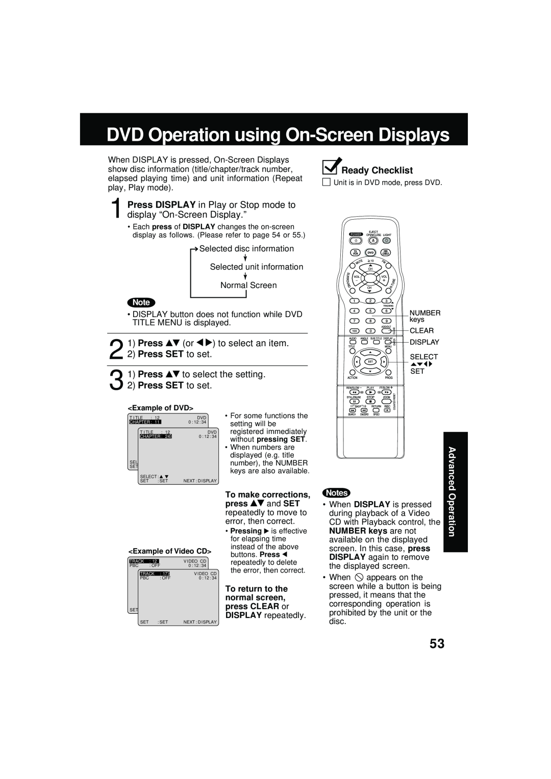 Panasonic PV DM2092 Press DISPLAY in Play or Stop mode to display “On-Screen Display.”, 2 1 Press or to select an item 