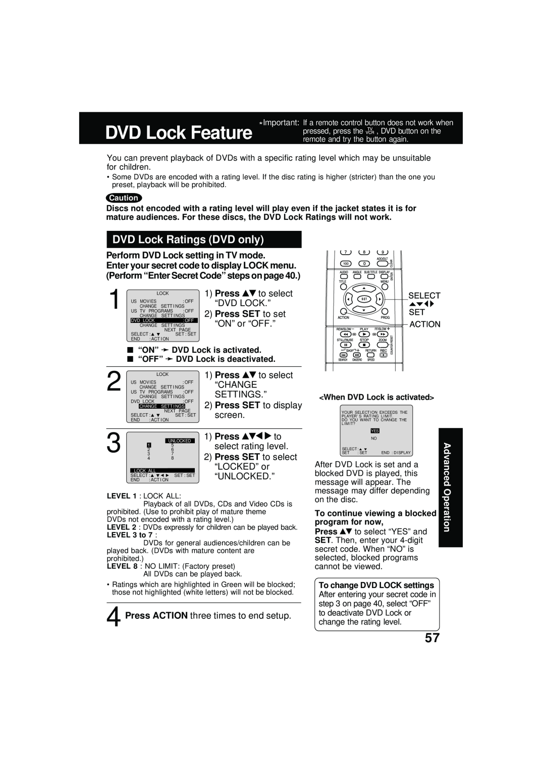 Panasonic PV DM2092 manual DVD Lock Ratings DVD only, Perform DVD Lock setting in TV mode, Press SET to set 
