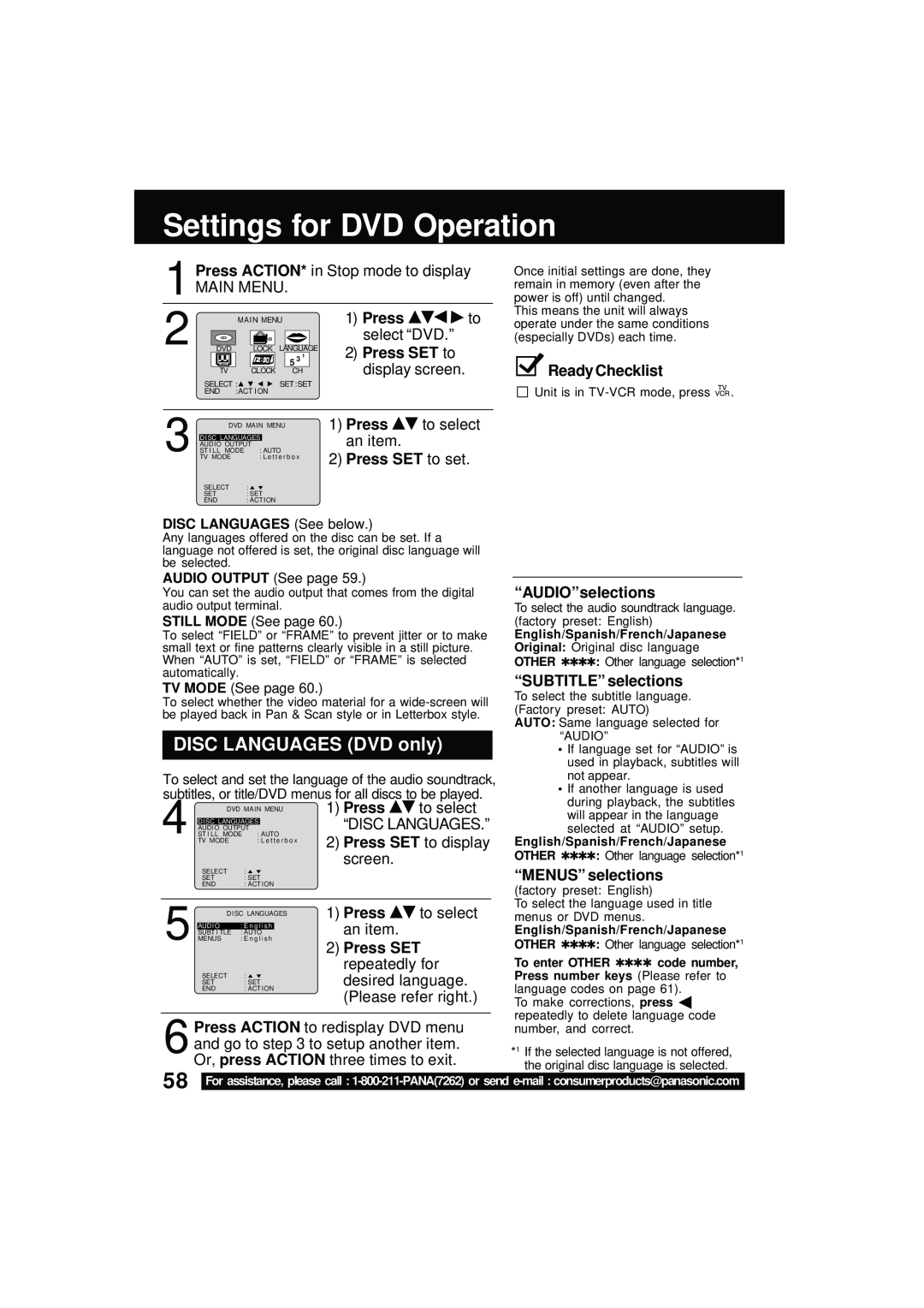 Panasonic PV DM2092 Settings for DVD Operation, DISC LANGUAGES DVD only, “AUDIO”selections, “SUBTITLE” selections, Press 