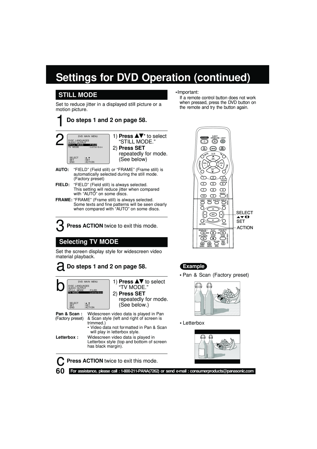 Panasonic PV DM2092 Settings for DVD Operation continued, Still Mode, Selecting TV MODE, a Do steps 1 and 2 on page, Press 