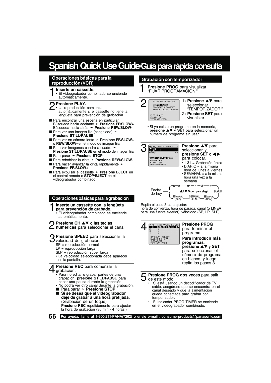 Panasonic PV DM2092 manual Spanish Quick Use Guide/Guía para rápida consulta, Operaciones básicas para la reproducción VCR 