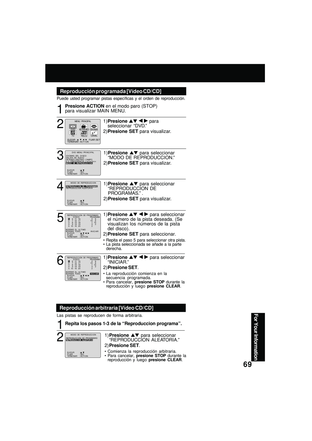 Panasonic PV DM2092 Reproducción programada Vídeo CD/CD, Reproducción arbitraria Vídeo CD/CD, 1Presione, 2Presione SET 