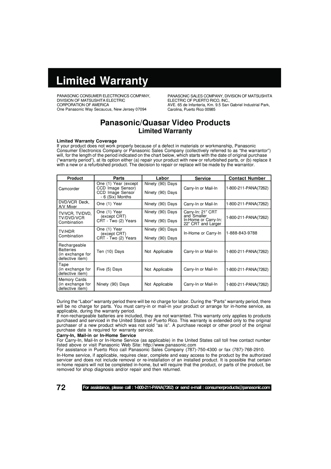 Panasonic PV DM2092 Panasonic/Quasar Video Products, Limited Warranty Coverage, Parts, Labor, Service, Contact Number 