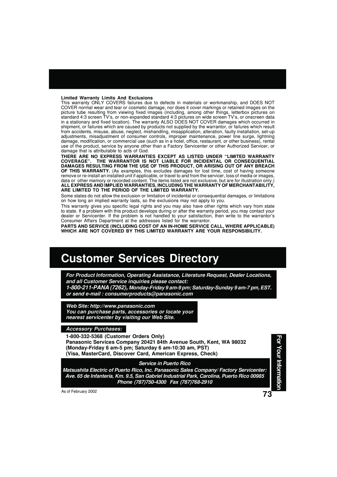 Panasonic PV DM2092 manual Customer Services Directory, For Your Information 