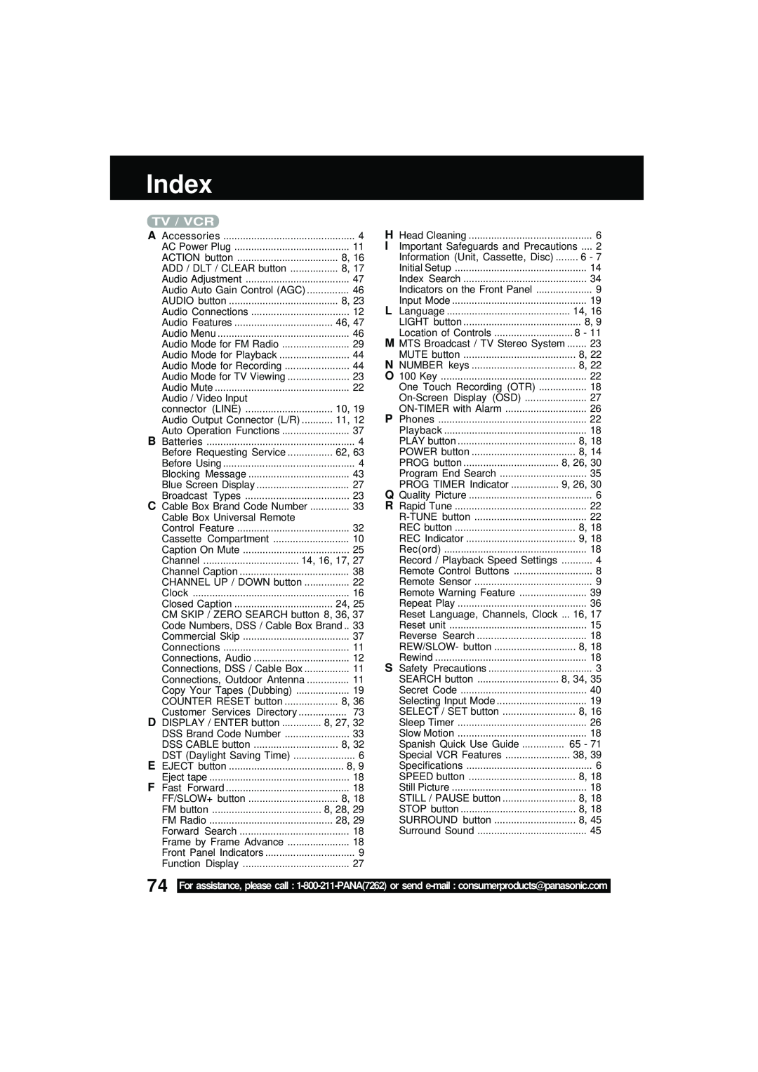 Panasonic PV DM2092 manual Index, Tv / Vcr 