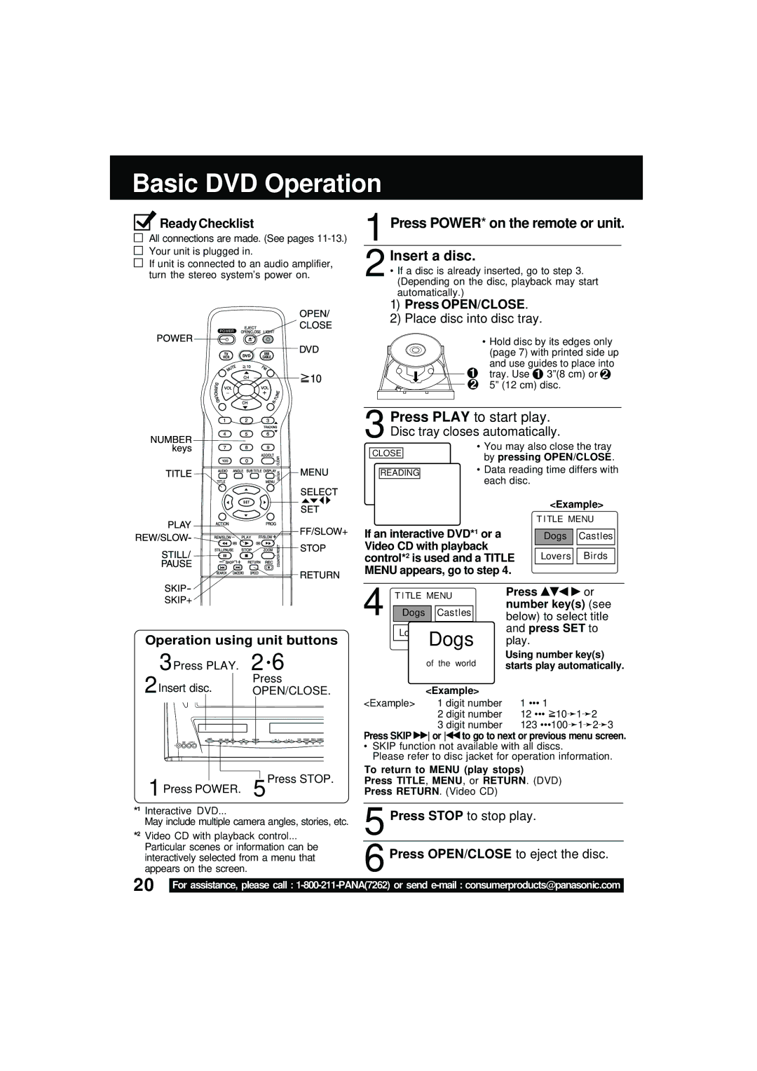 Panasonic PV DM2092 manual Basic DVD Operation, Press POWER* on the remote or unit Insert a disc, Press OPEN/CLOSE 