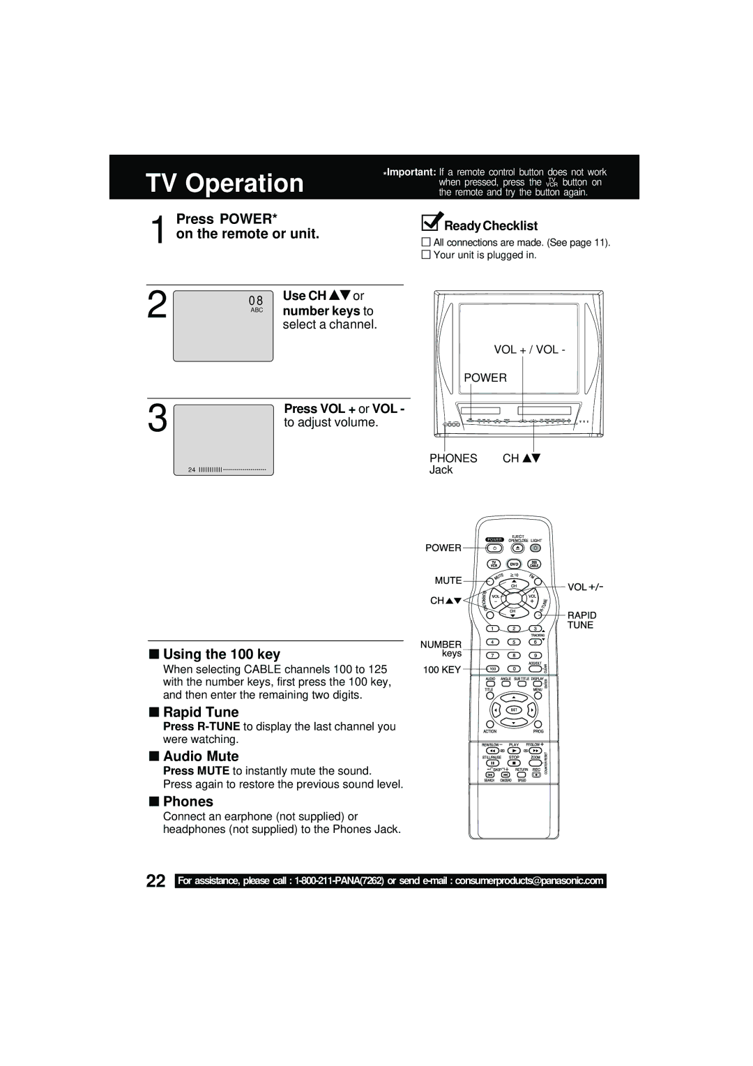 Panasonic PV DM2092 manual Press Power, On the remote or unit, Using the 100 key, Rapid Tune, Audio Mute, Phones 