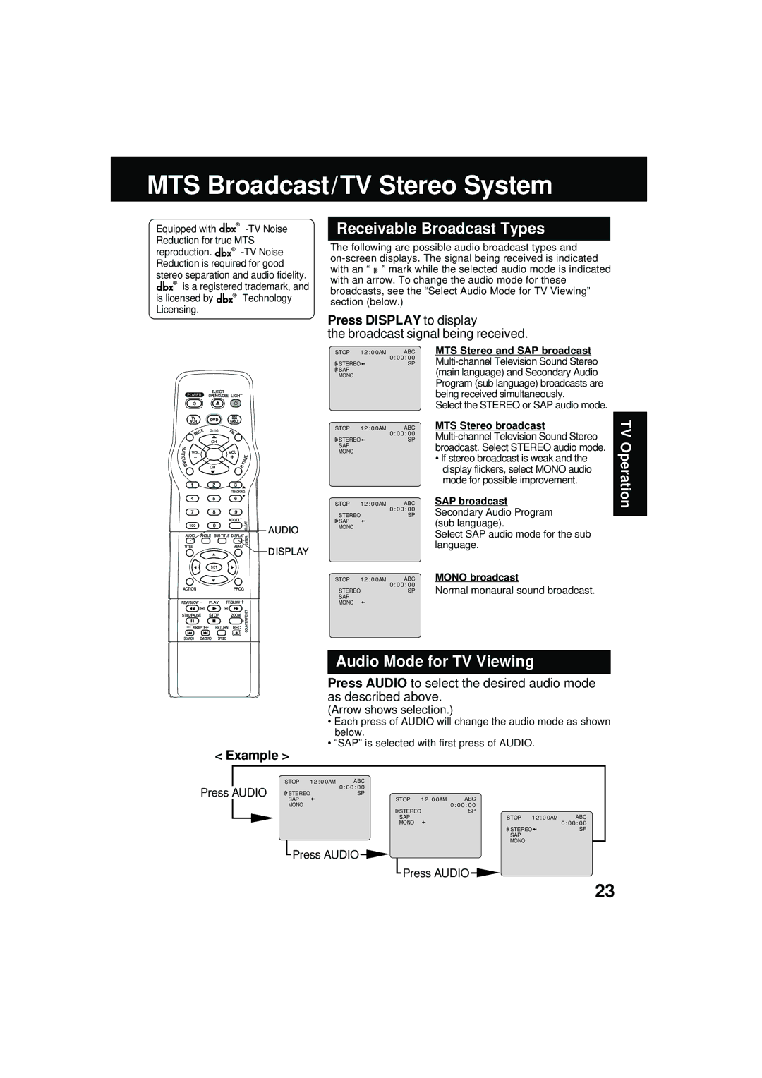 Panasonic PV DM2092 manual MTS Broadcast/TV Stereo System, Receivable Broadcast Types, Audio Mode for TV Viewing, Example 