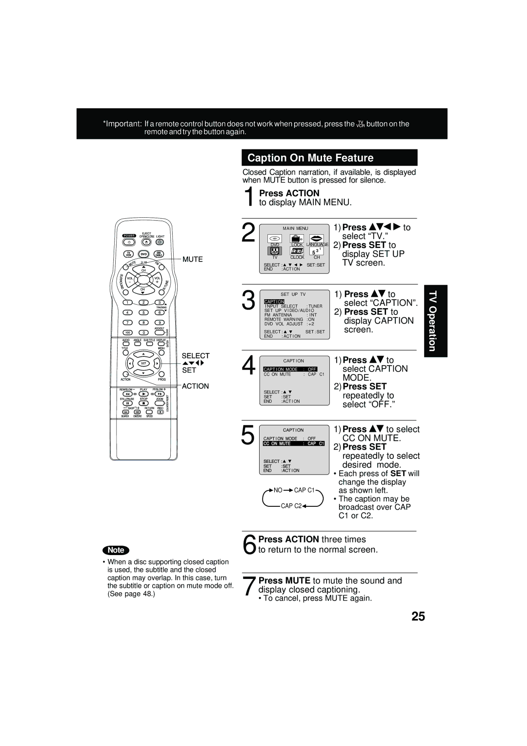 Panasonic PV DM2092 manual Caption On Mute Feature, Mode, CC on Mute, Press Action three times 