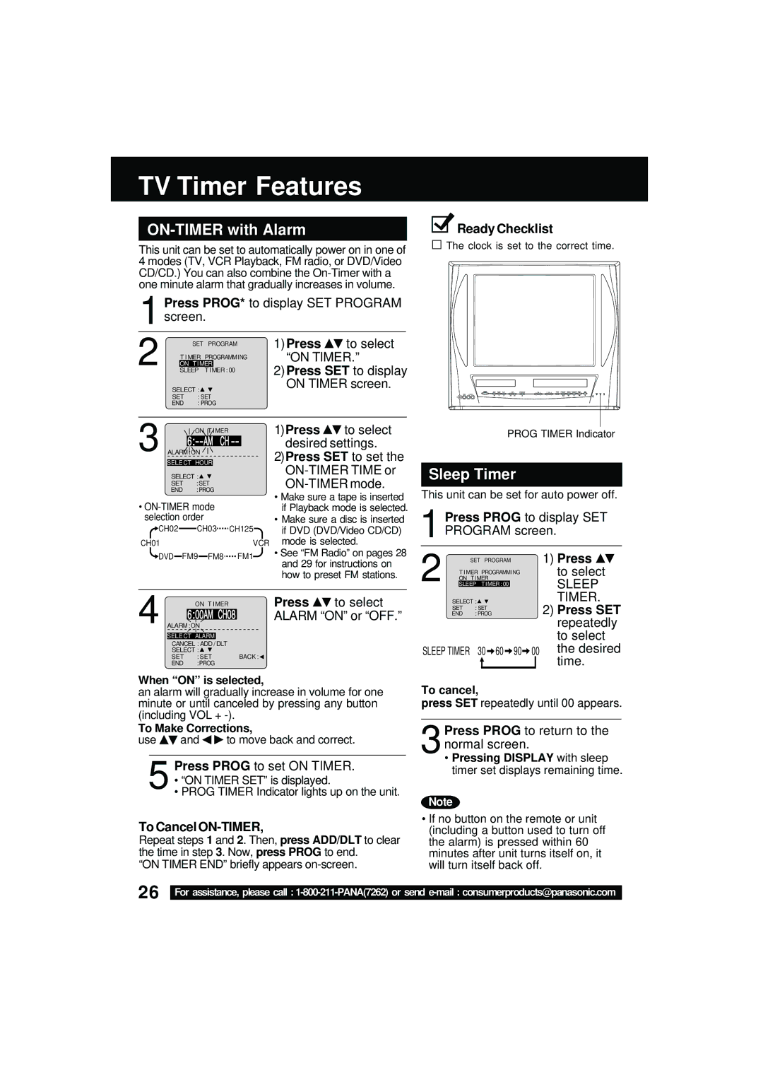 Panasonic PV DM2092 manual TV Timer Features, ON-TIMER with Alarm, Sleep Timer 