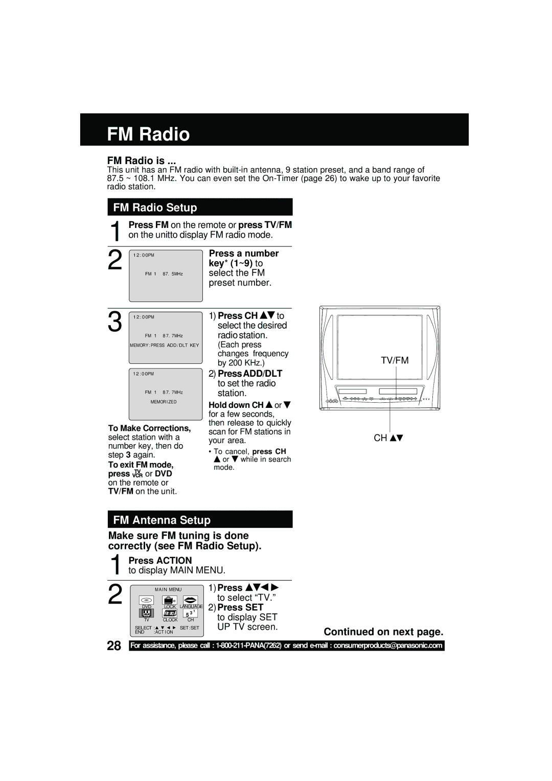 Panasonic PV DM2092 manual FM Radio Setup, FM Antenna Setup, FM Radio is 