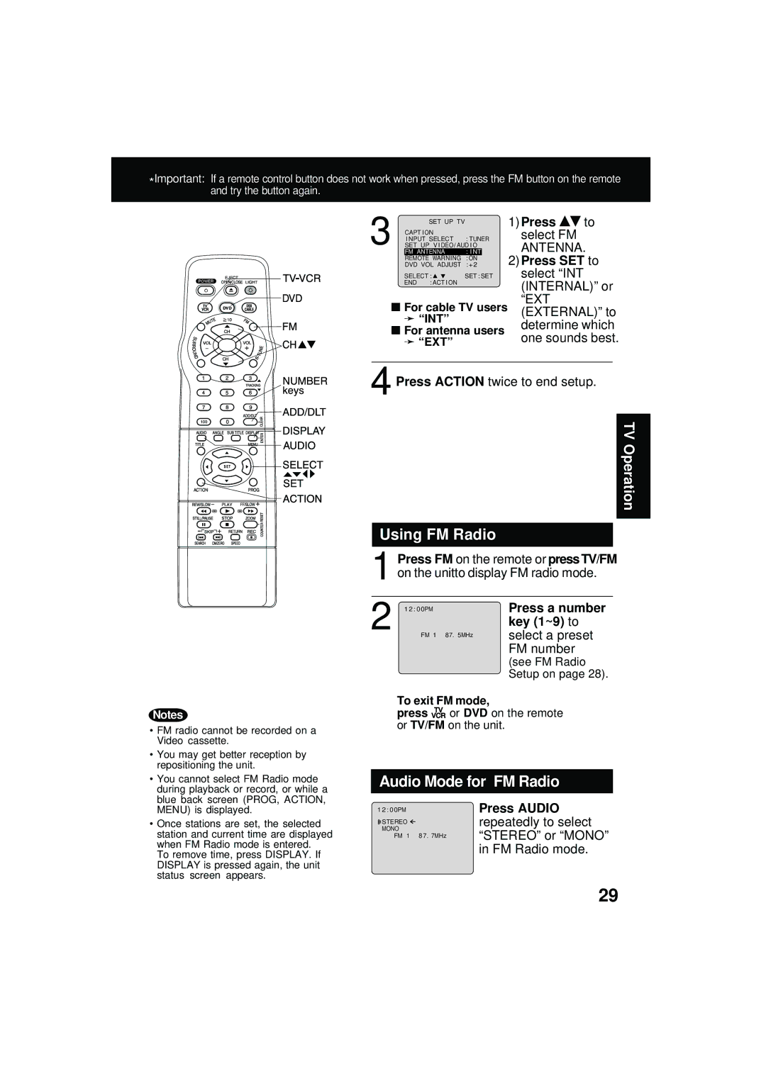 Panasonic PV DM2092 manual Using FM Radio, Audio Mode for FM Radio, Key 1~9 to, Press Audio 